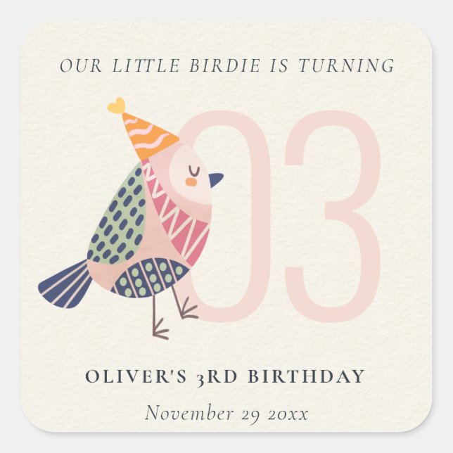 Cute Blush Pink Boho Birdie Any Age Birthday Square Sticker (Front)