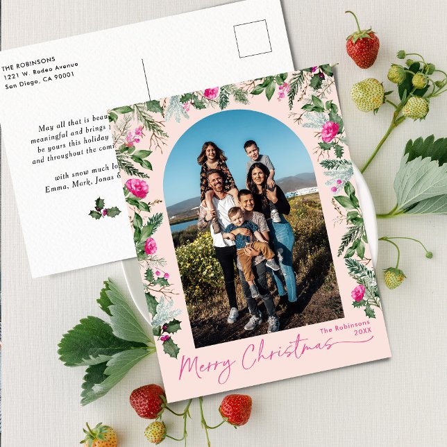 Cute Blush Pink Botanical Arch 1 Photo Christmas Postcard (Creator Uploaded)