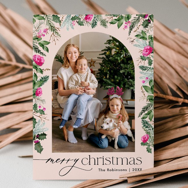 Cute Blush Pink Botanical Greenery Arch Christmas Holiday Card (Creator Uploaded)