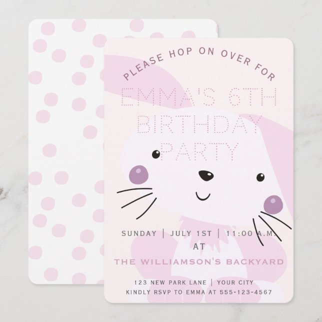 Cute Blush Pink Bunny | Girls Birthday Party Invitation (Front/Back)