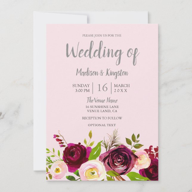 Cute Blush Pink Burgundy Red Floral Wedding Invitation (Front)