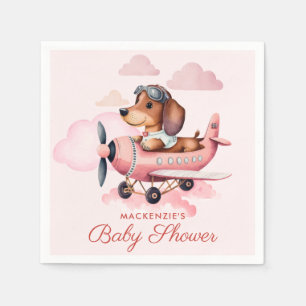 Cute Blush Pink Dachshund Plane Girl Baby Shower Napkin