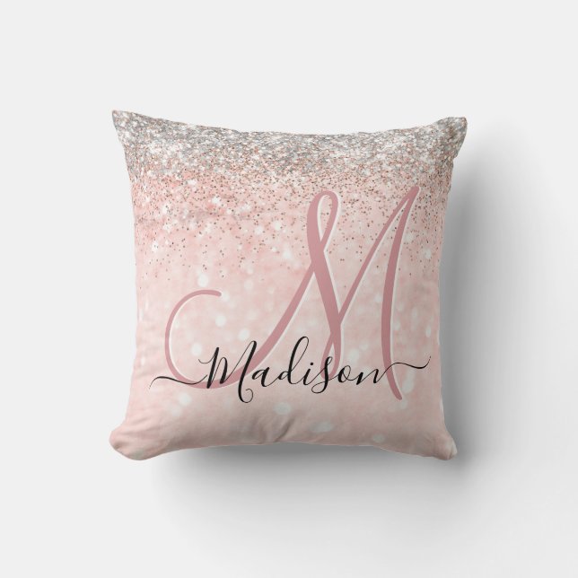 Cute blush pink faux silver glitter monogram throw pillow (Front)