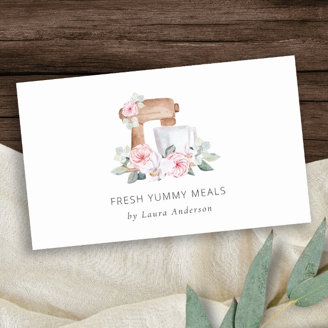 Cute Blush Pink Floral Cake Mixer Bakery Catering Business Card (Creator Uploaded)