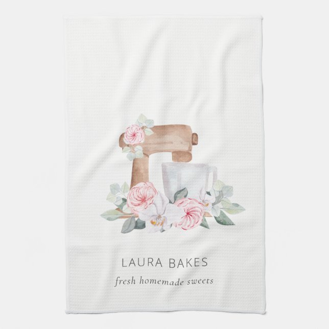 Cute Blush Pink Floral Cake Mixer Bakery Catering Kitchen Towel (Vertical)