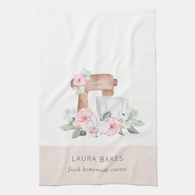 Cute Blush Pink Floral Cake Mixer Bakery Catering Kitchen Towel (Vertical)