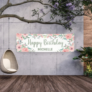 Cute Blush Pink Flowers Happy Birthday Banner