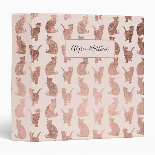 Cute blush pink girly rose gold cats pattern binder (Front/Spine)