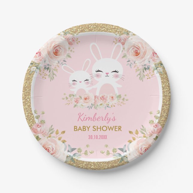 Cute Blush Pink Gold Bunny Rabbit Baby Shower Paper Plate (Front)