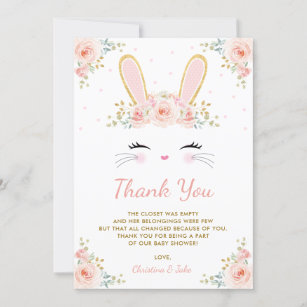 Cute Blush Pink Gold Bunny Rabbit Baby Shower Thank You Card