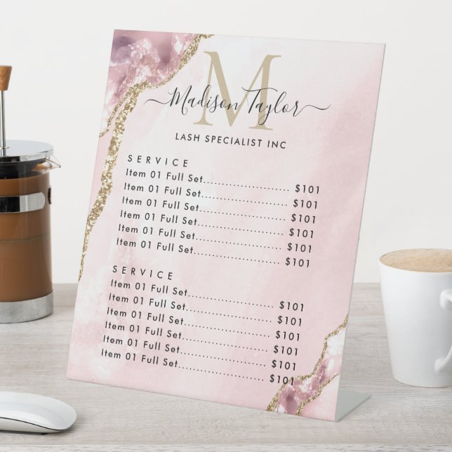 Cute Blush Pink Gold Glitter Agate Marble Monogram Pedestal Sign (In SItu)