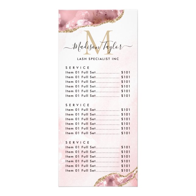 Cute Blush Pink Gold Glitter Agate Marble Monogram Rack Card (Front)
