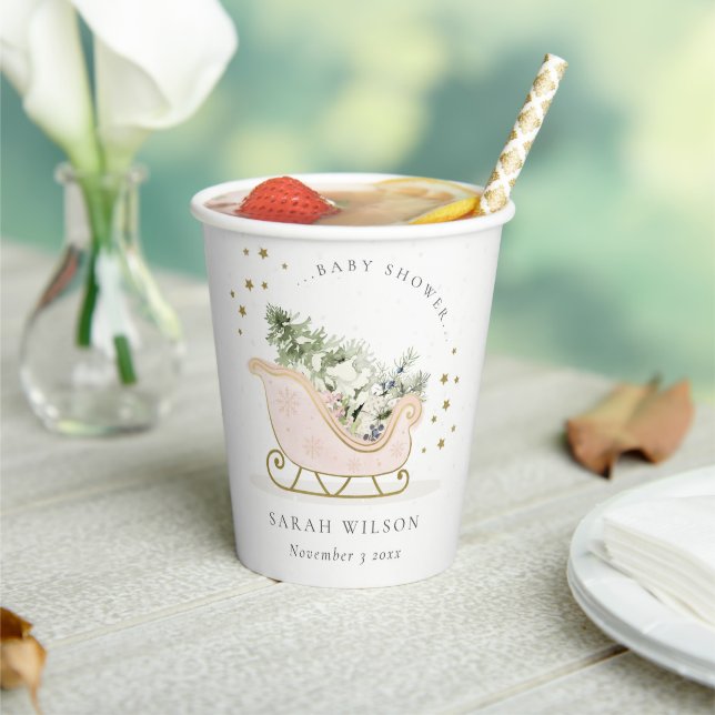 Cute Blush Pink Gold Winter Sleigh Baby Shower Paper Cups (Insitu)