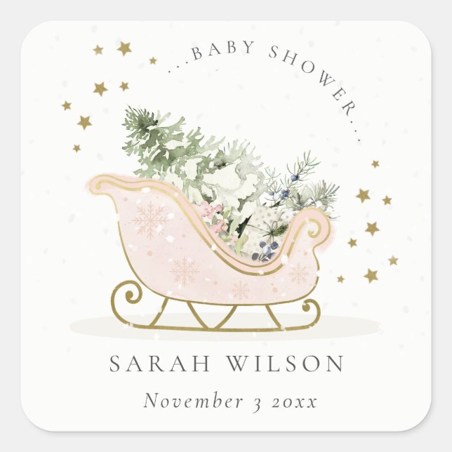 Cute Blush Pink Gold Winter Sleigh Baby Shower Square Sticker (Front)