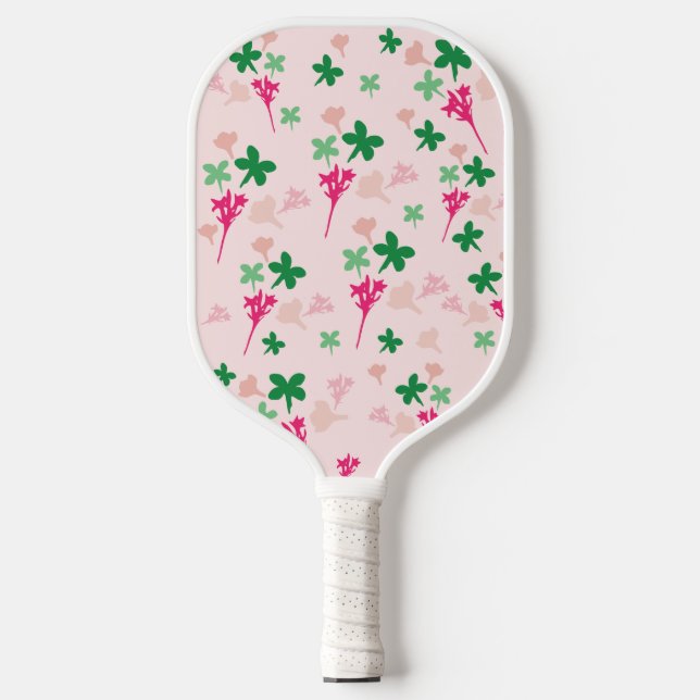 Cute Blush Pink Green Botanical Boho Floral Pickleball Paddle (Front)