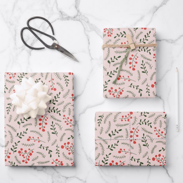 Cute blush pink green foliage greenery pattern wrapping paper sheet (Front)