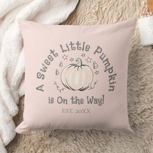 Cute Blush Pink Little Pumpkin is on the Way Throw Pillow (Blanket)