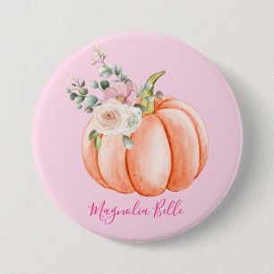 Cute Blush Pink Spring Floral Little Pumpkin Name 3 Inch Round Button