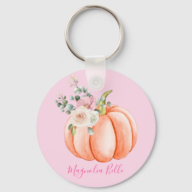Cute Blush Pink Spring Floral Little Pumpkin Name Keychain (Front)