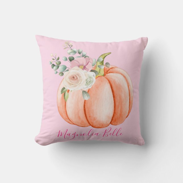 Cute Blush Pink Spring Floral Little Pumpkin Name Throw Pillow (Front)