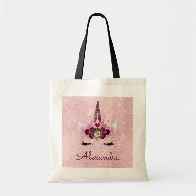 Cute Blush Pink Unicorn Monogram Name Tote Bag (Front)