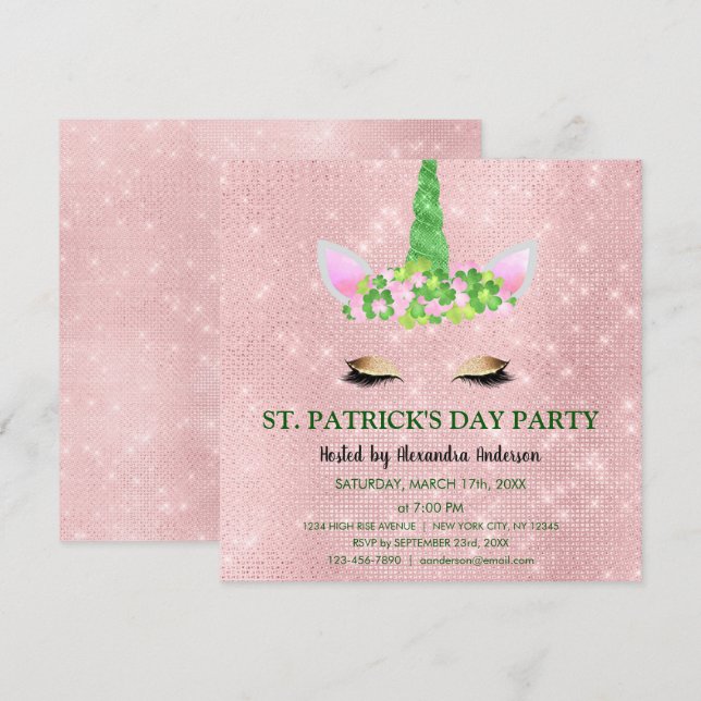 Cute Blush Pink Unicorn St. Patrick's Day Party Invitation (Front/Back)