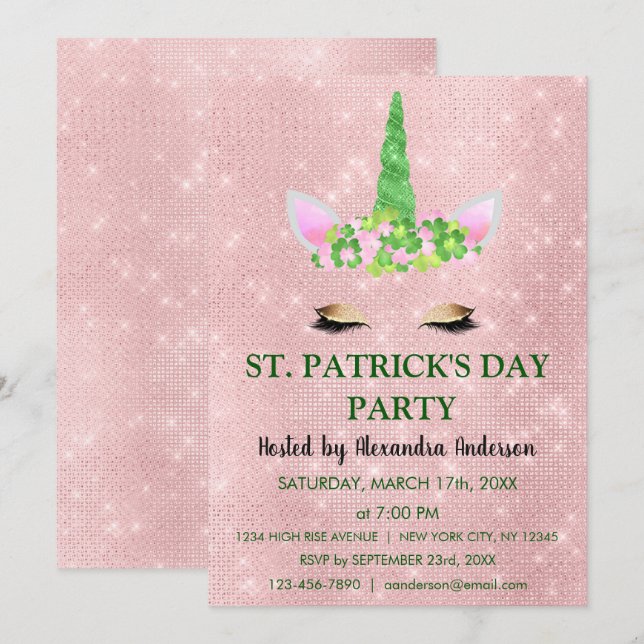 Cute Blush Pink Unicorn St. Patrick's Day Party Invitation (Front/Back)