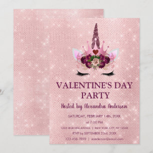 Cute Blush Pink Unicorn Valentine's Day Party Invitation