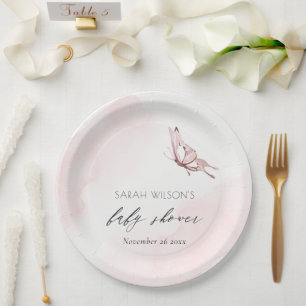 Cute Blush Pink Watercolor Butterfly Baby Shower Paper Plate