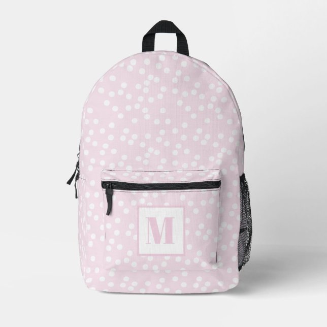 Cute Blush Pink & White Polkadots Monogrammed Kids Printed Backpack (Front)