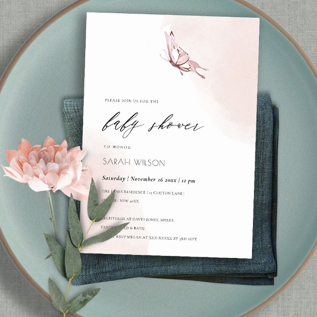 Cute Blush Watercolor Butterfly Baby Shower Invite (Creator Uploaded)