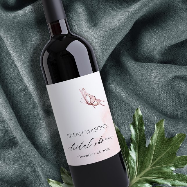 CUTE BLUSH WATERCOLOR BUTTERFLY BRIDAL SHOWER WINE LABEL (Creator Uploaded)