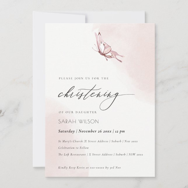 Cute Blush Watercolor Butterfly Christening Invite (Front)