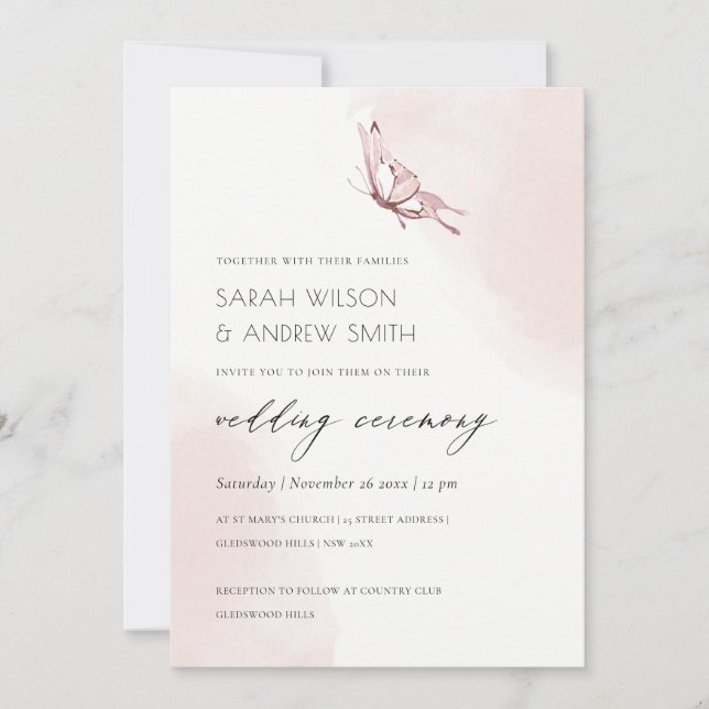 CUTE BLUSH WATERCOLOR BUTTERFLY WEDDING INVITE (Front)