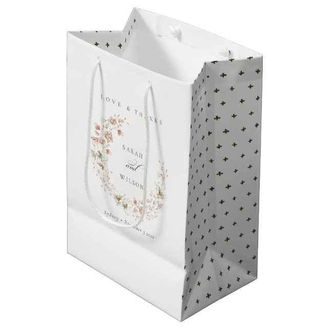 Cute Blush White Meadow Floral Wreath Wedding Medium Gift Bag (Front Angled)