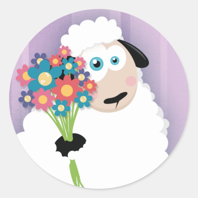Cute Blushing Sheep Holding Flowers Stickers (Front)