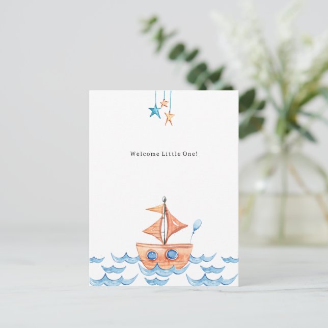 Cute Boat And Ocean Welcome New Baby Card (Standing Front)