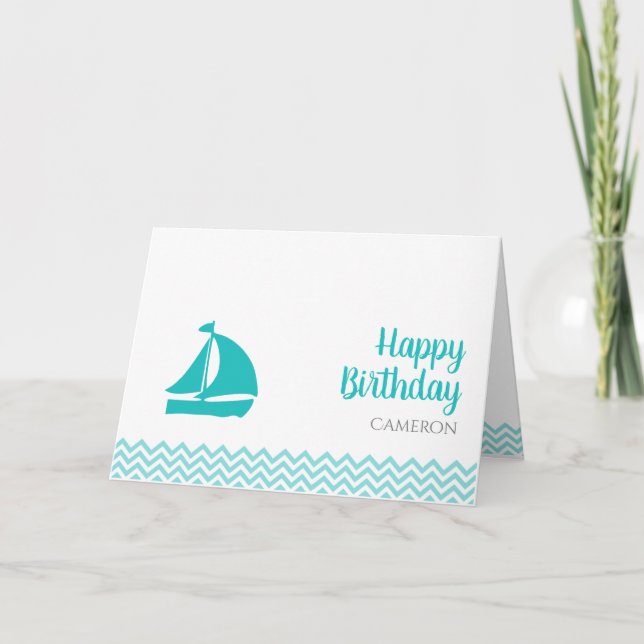 Cute Boat on Ocean Waves Custom Birthday Card (Front)
