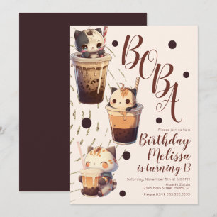 Cute Boba Cat Cartoon Birthday Party Invitation