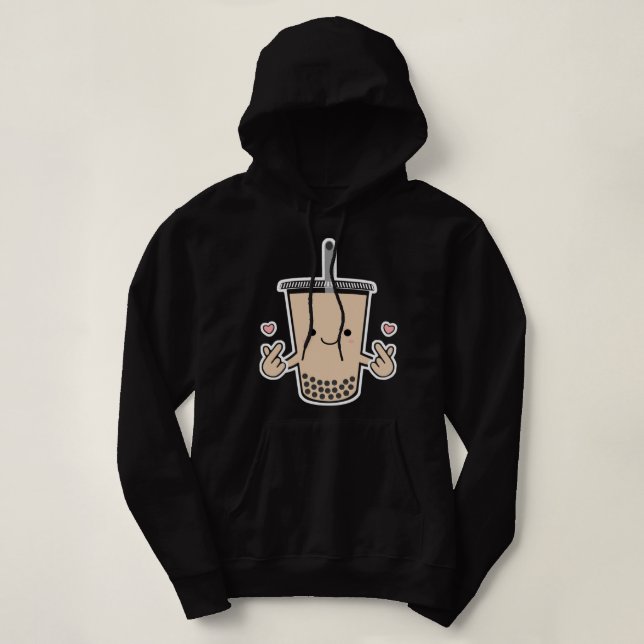 Cute Boba KPop Bubble Milk Tea Korean Finger Heart Hoodie (Design Front)