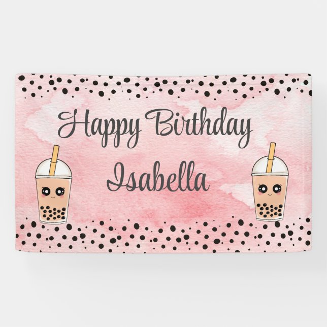 Cute Boba Tea Birthday Backdrop Banner (Horizontal)