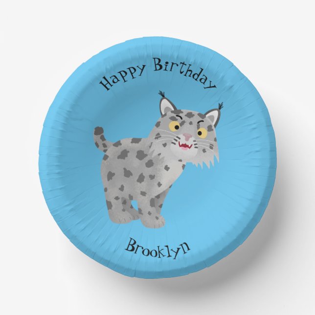 Cute bobcat lynx cartoon personalised birthday paper plate (Front)