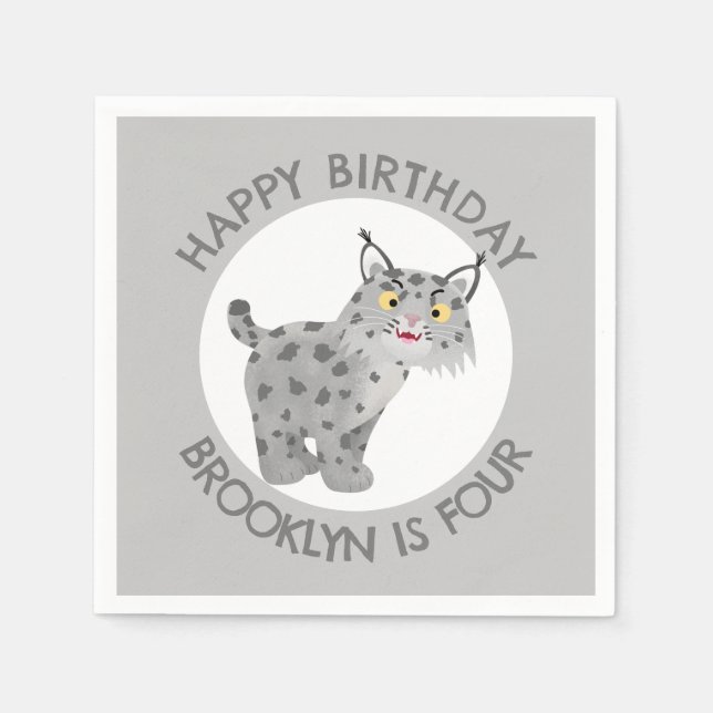 Cute bobcat lynx cartoon personalized birthday napkin (Front)