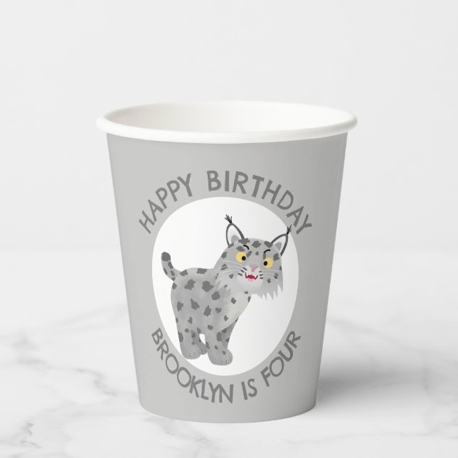 Cute bobcat lynx cartoon personalized birthday paper cups (Front)