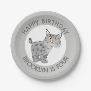 Cute bobcat lynx cartoon personalized birthday paper plate