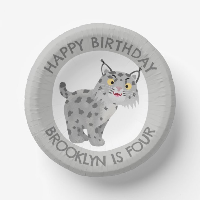 Cute bobcat lynx cartoon personalized birthday paper plate (Front)