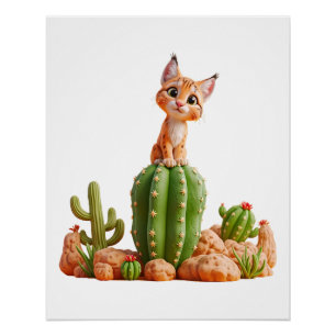 Cute Bobcat on cactus Poster
