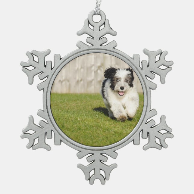 Cute Bobtail Sheepdog Snowflake Pewter Christmas Ornament (Front)