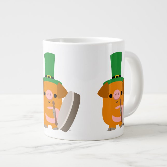 Cute Bodhran Playing Cartoon Pig Large Coffee Mug (Front Right)