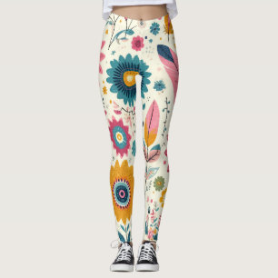 Cute Bohemian Flowers Feathers Print Leggings